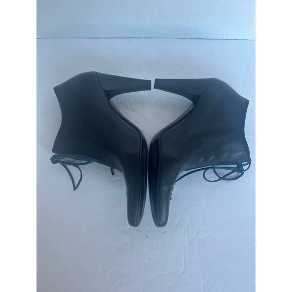 Authentic Loewe Black Leather Side Zip Almond Toe High Heel Blue Tie Booties 5 - Picture 4 of 13